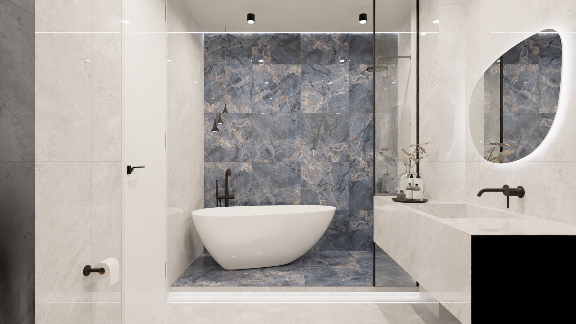 Светлая ванная комната с акцентом на голубой керамогранит. Concor Opera Blue + Concor Verona Grey.