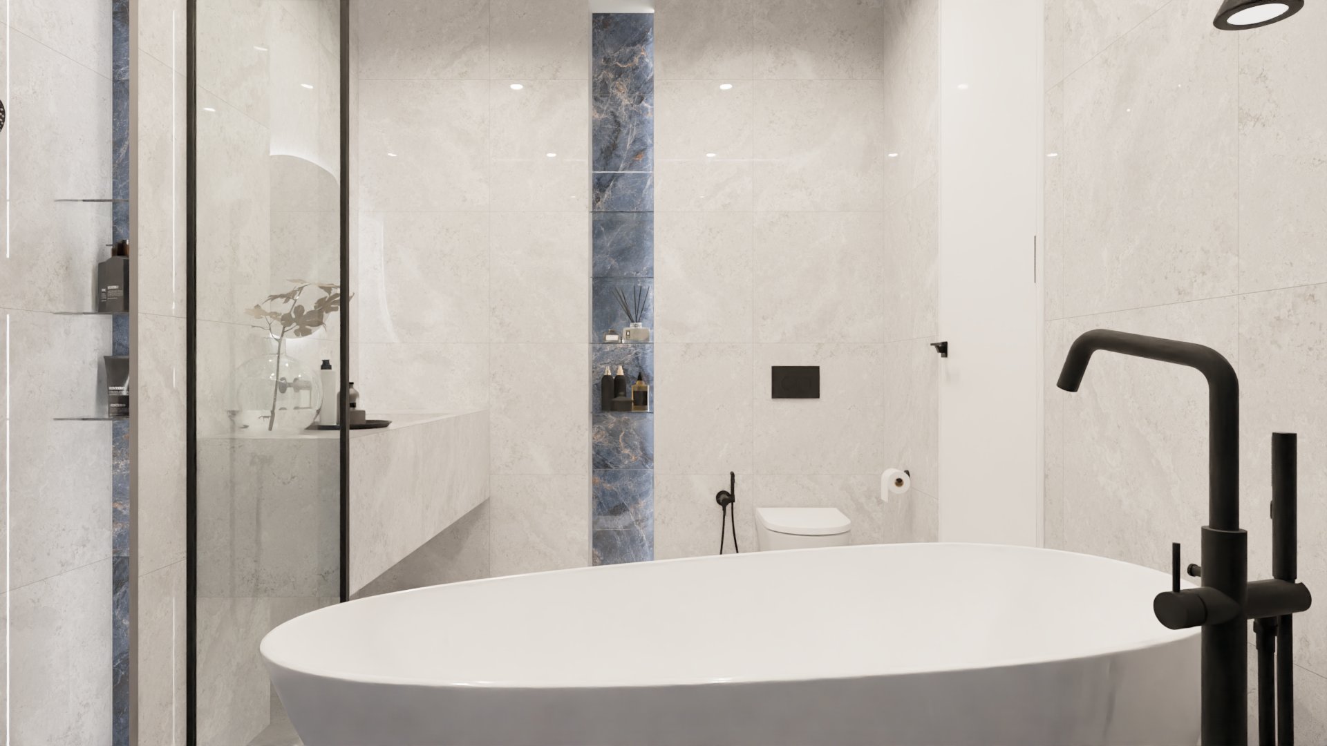 Светлая ванная комната с акцентом на голубой керамогранит 1