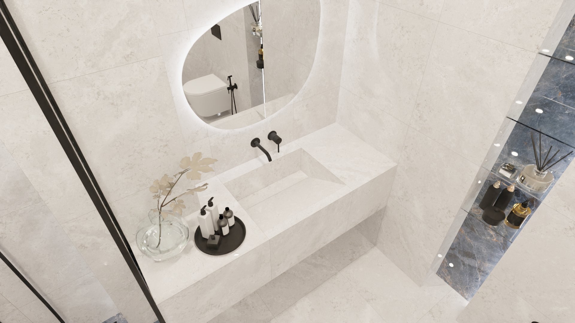 Светлая ванная комната с акцентом на голубой керамогранит 2