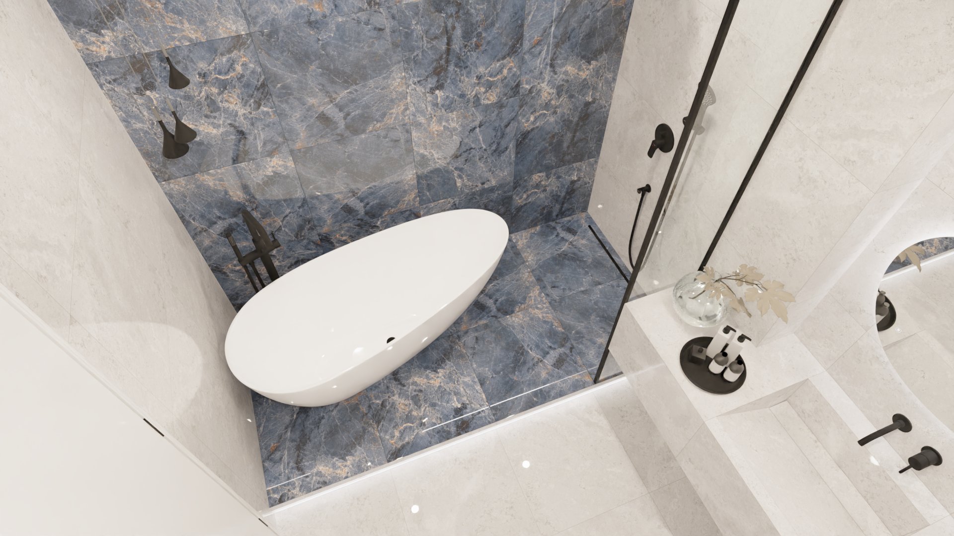 Светлая ванная комната с акцентом на голубой керамогранит 3