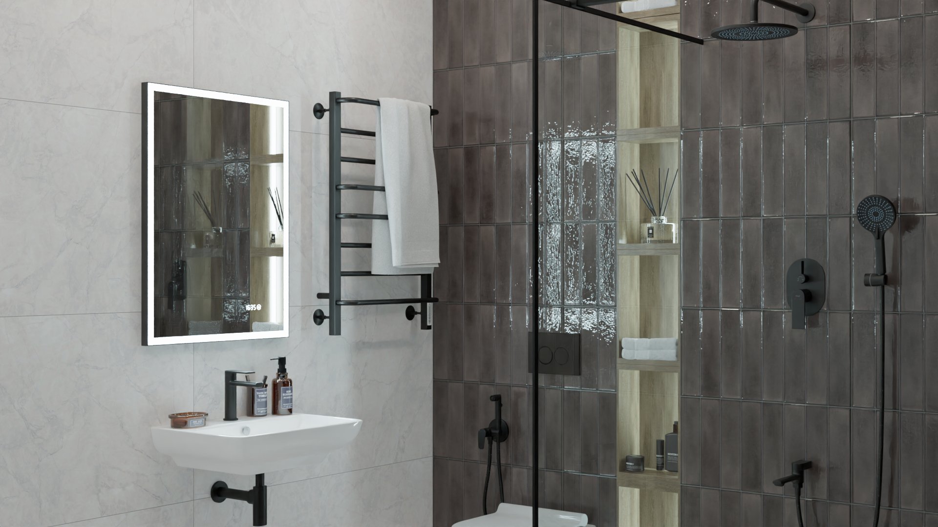 Эффектное зонирование санузла с помощью разноцветной плитки Эффектное зонирование санузла с помощью разноцветной плитки