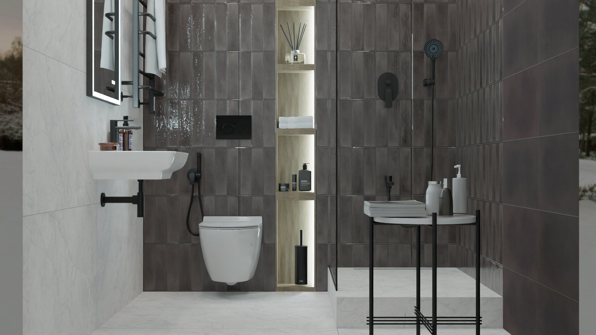 Эффектное зонирование санузла с помощью разноцветной плитки 1