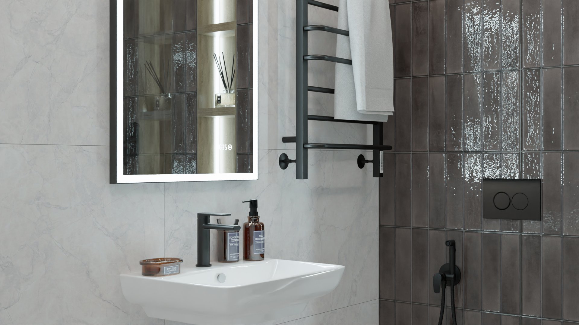 Эффектное зонирование санузла с помощью разноцветной плитки 2