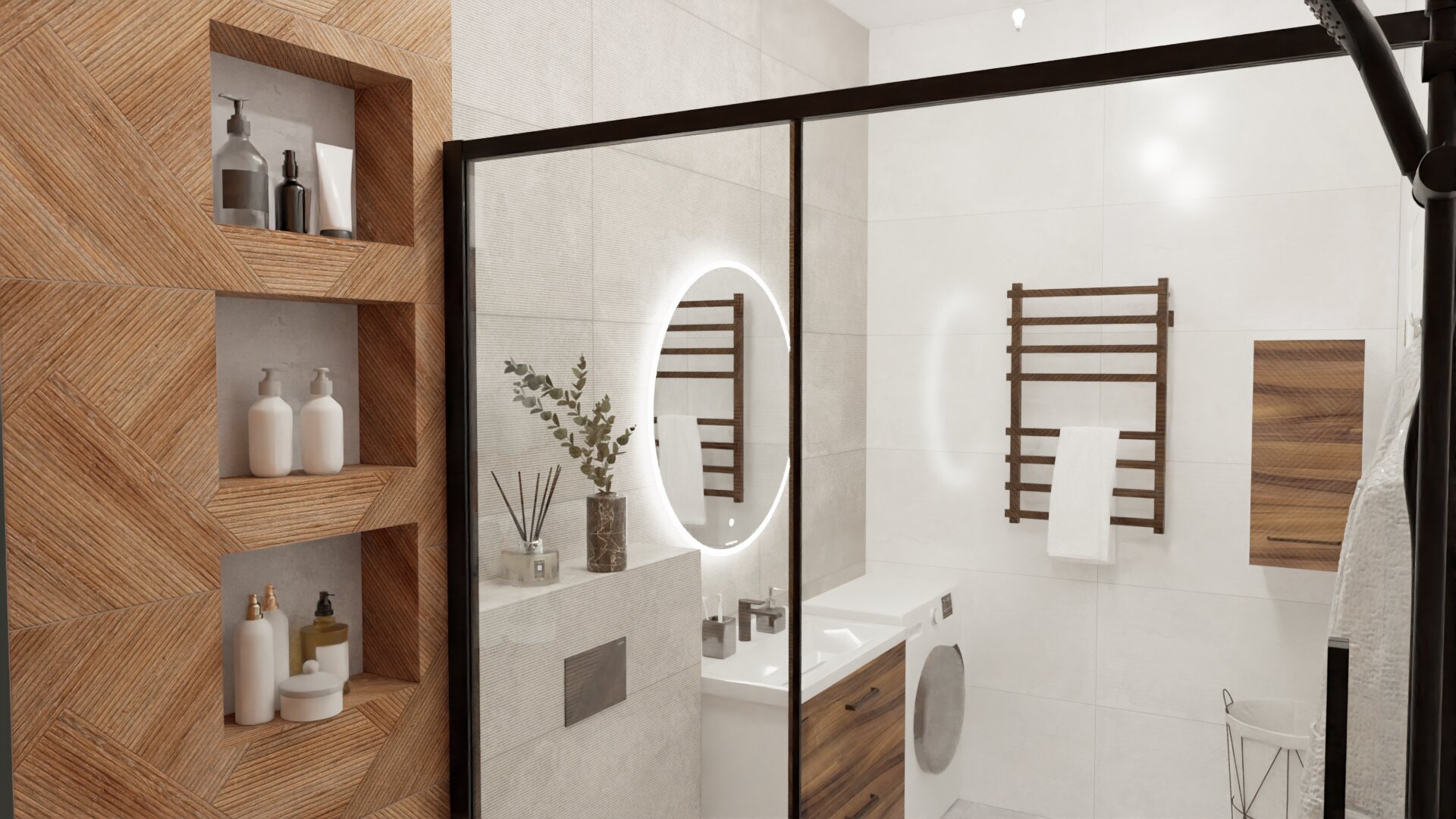 Теплая палитра в ванной комнате с натуральными акцентами 2