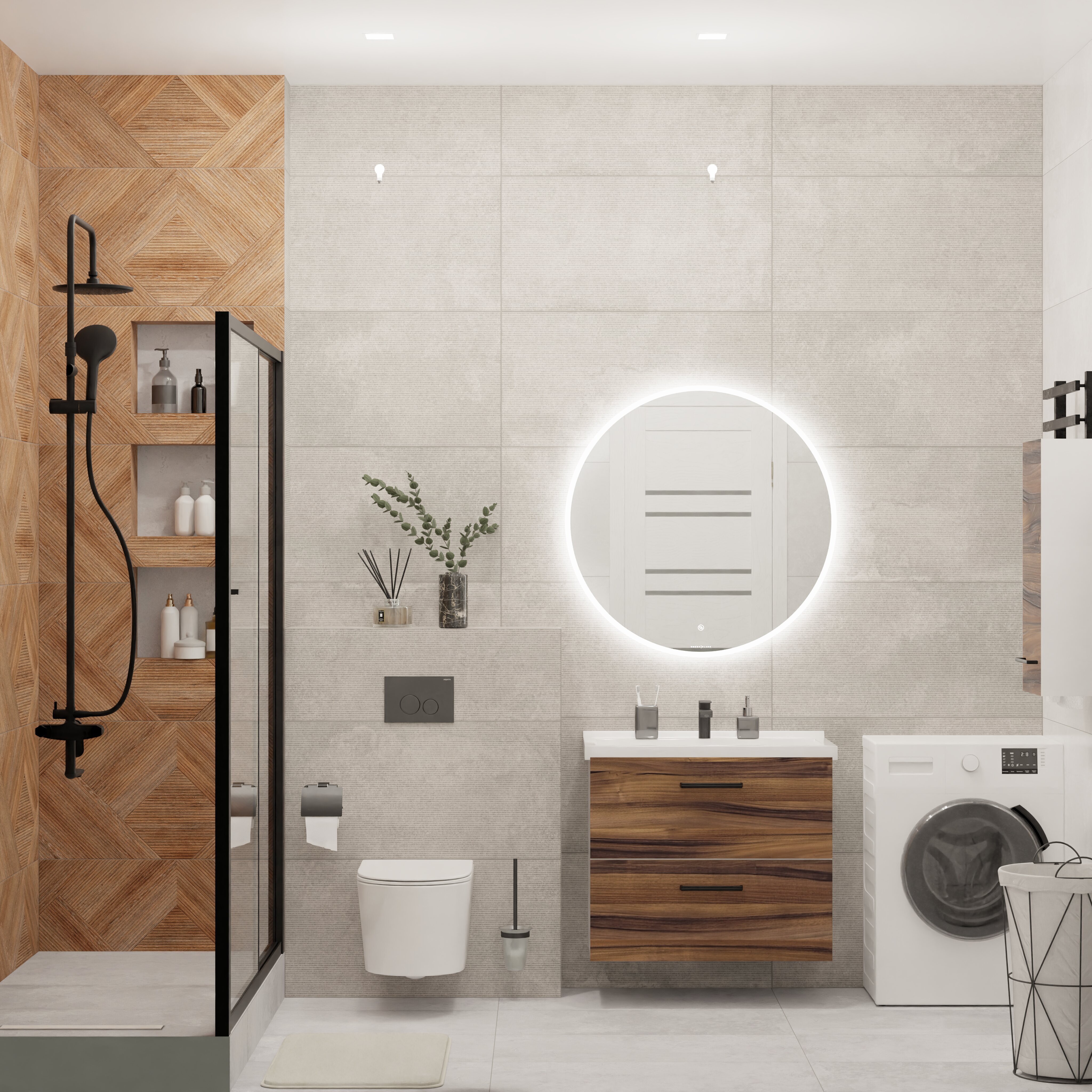 Теплая палитра в ванной комнате с натуральными акцентами Теплая палитра в ванной комнате с натуральными акцентами