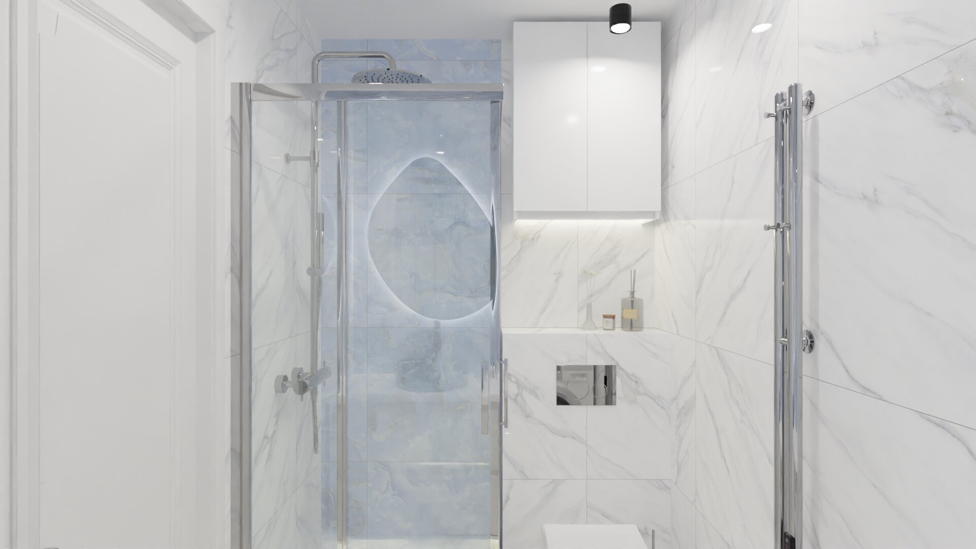 Маленькая ванная в нежных опаловых оттенках