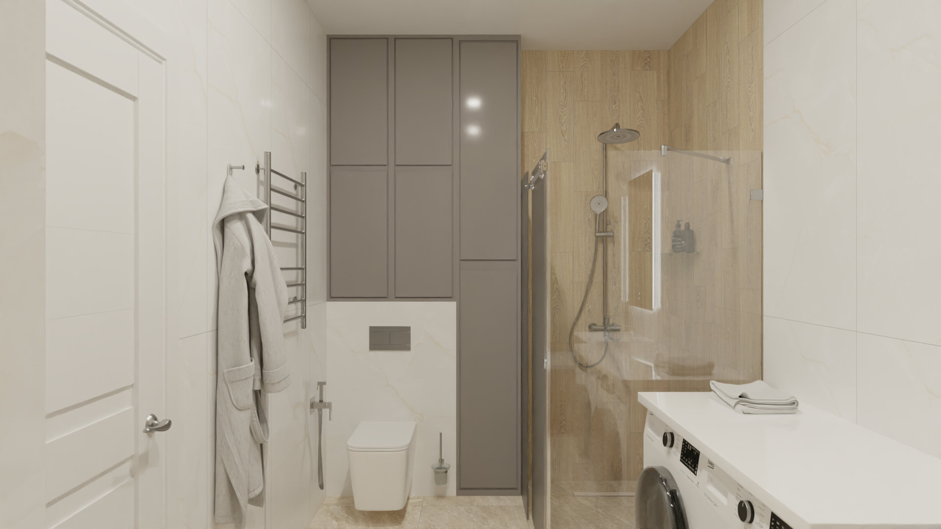 Минималистичная ванная в бежевых тонах Минималистичная ванная в бежевых тонах