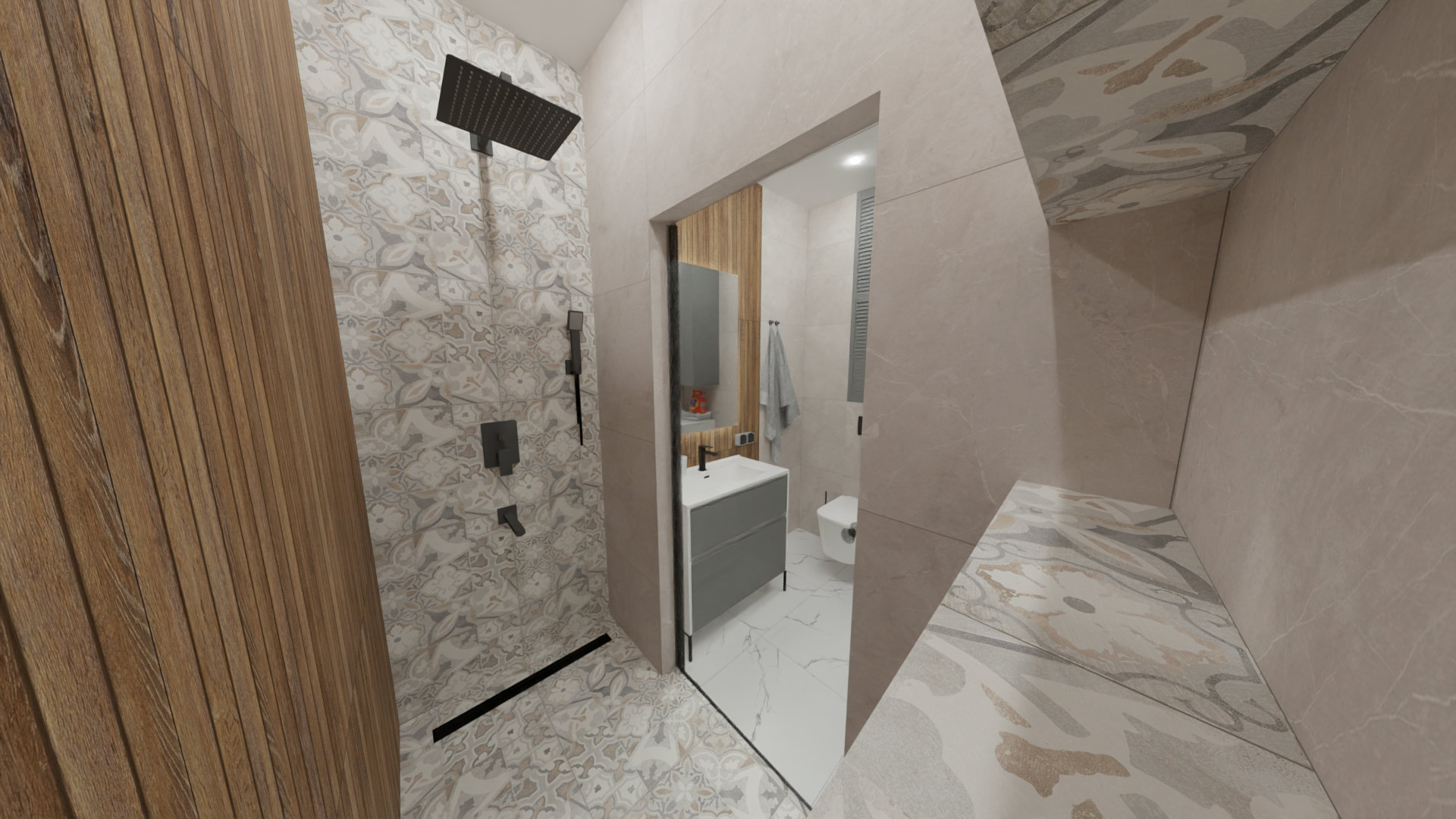 Ванная комната в серых тонах, с добавлением дерева 1