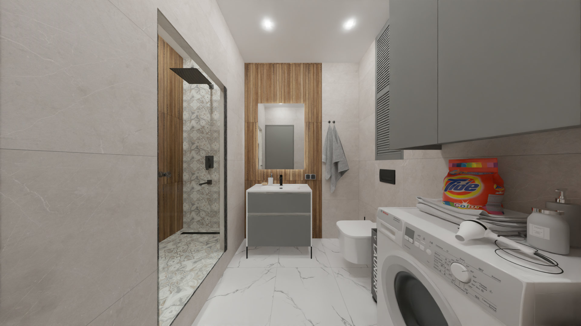 Ванная комната в серых тонах, с добавлением дерева 