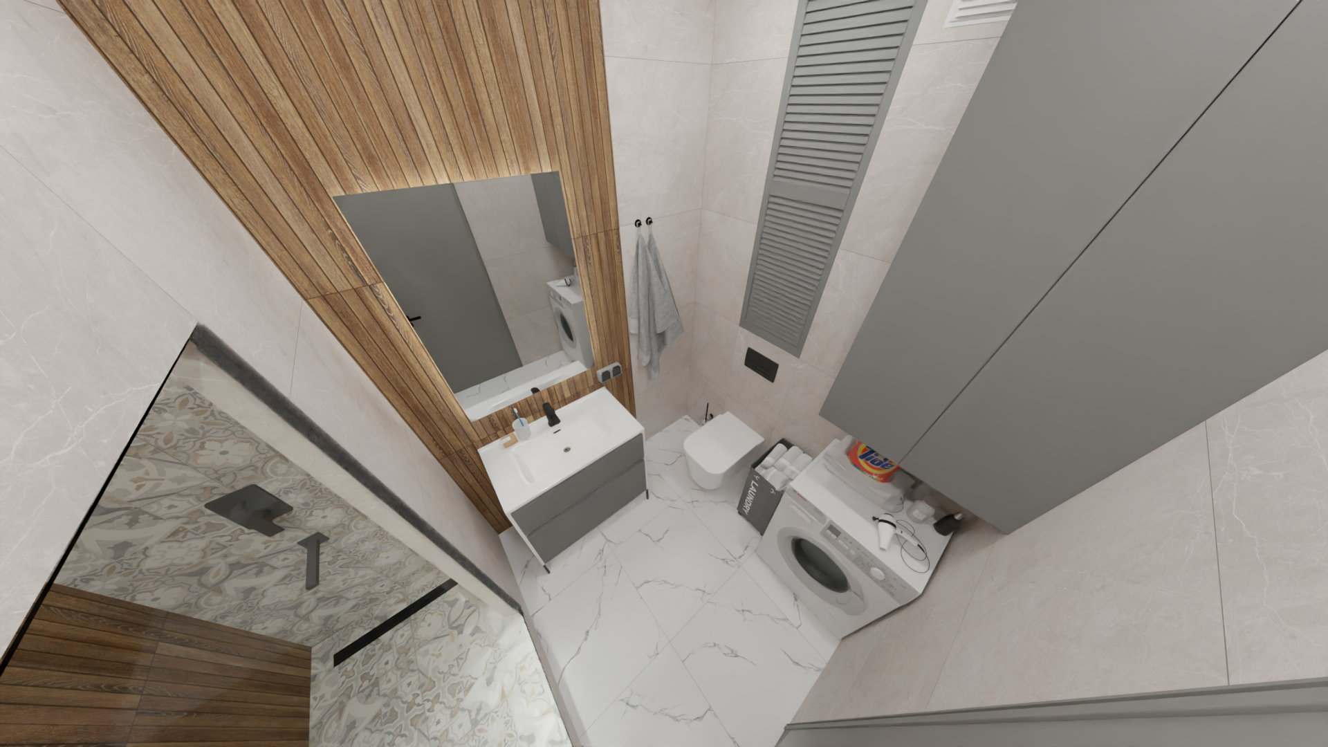 Ванная комната в серых тонах, с добавлением дерева 2