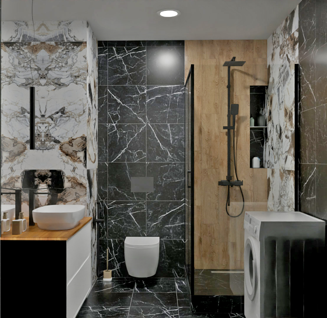 Недорогой эффектный проект ванной комнаты