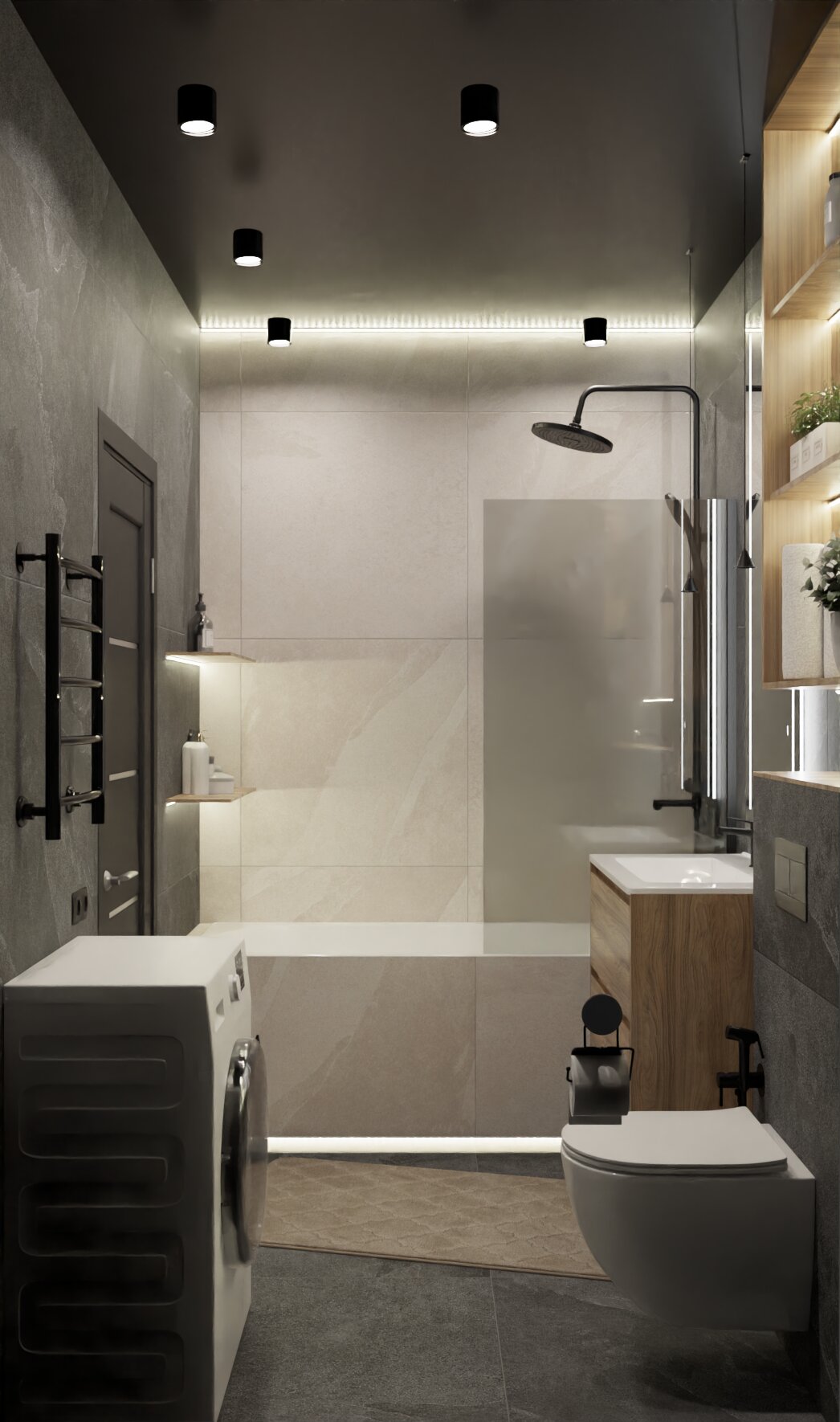 Ванная в цвете камня с элементами дерева 1