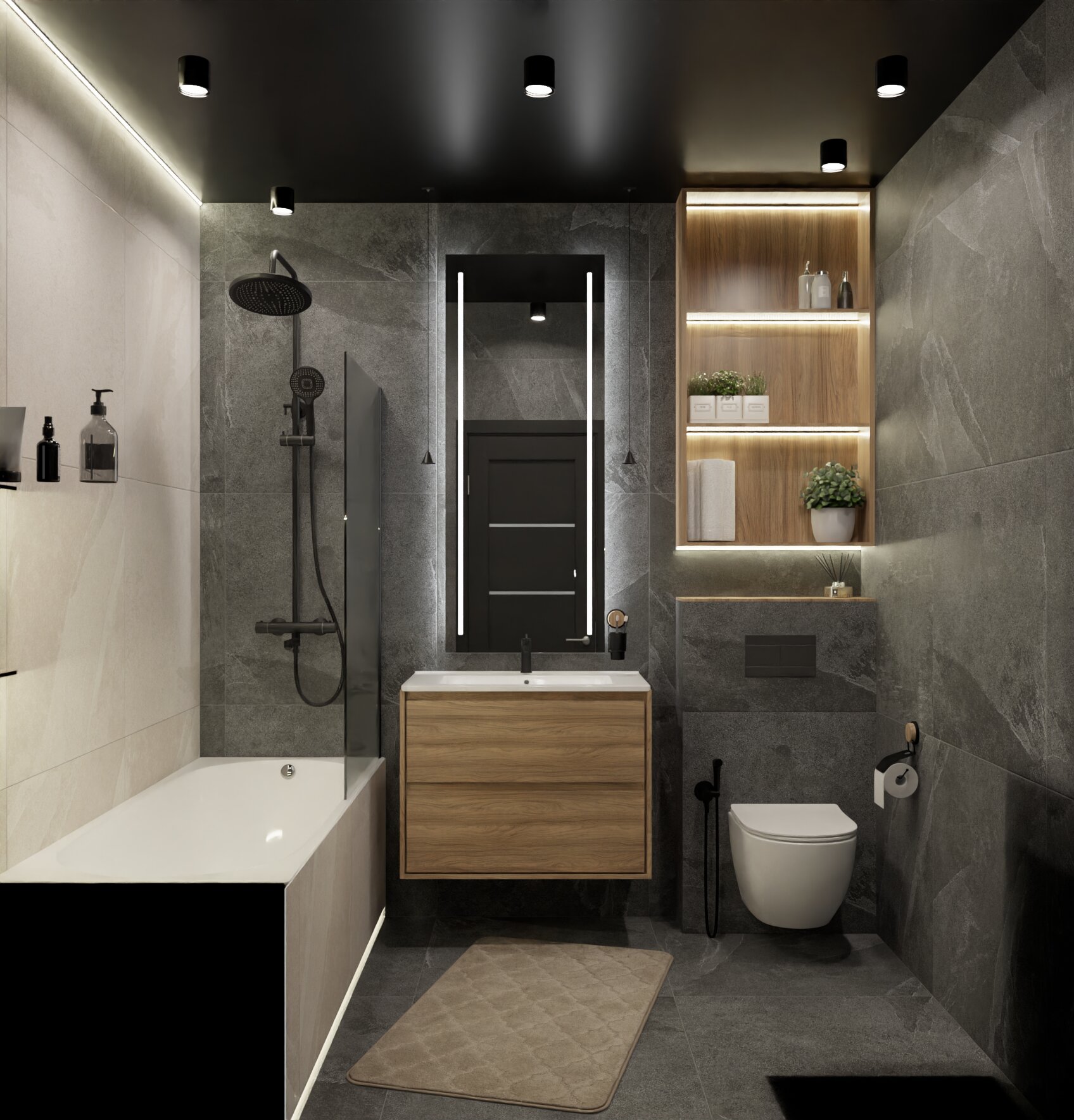 Ванная в цвете камня с элементами дерева