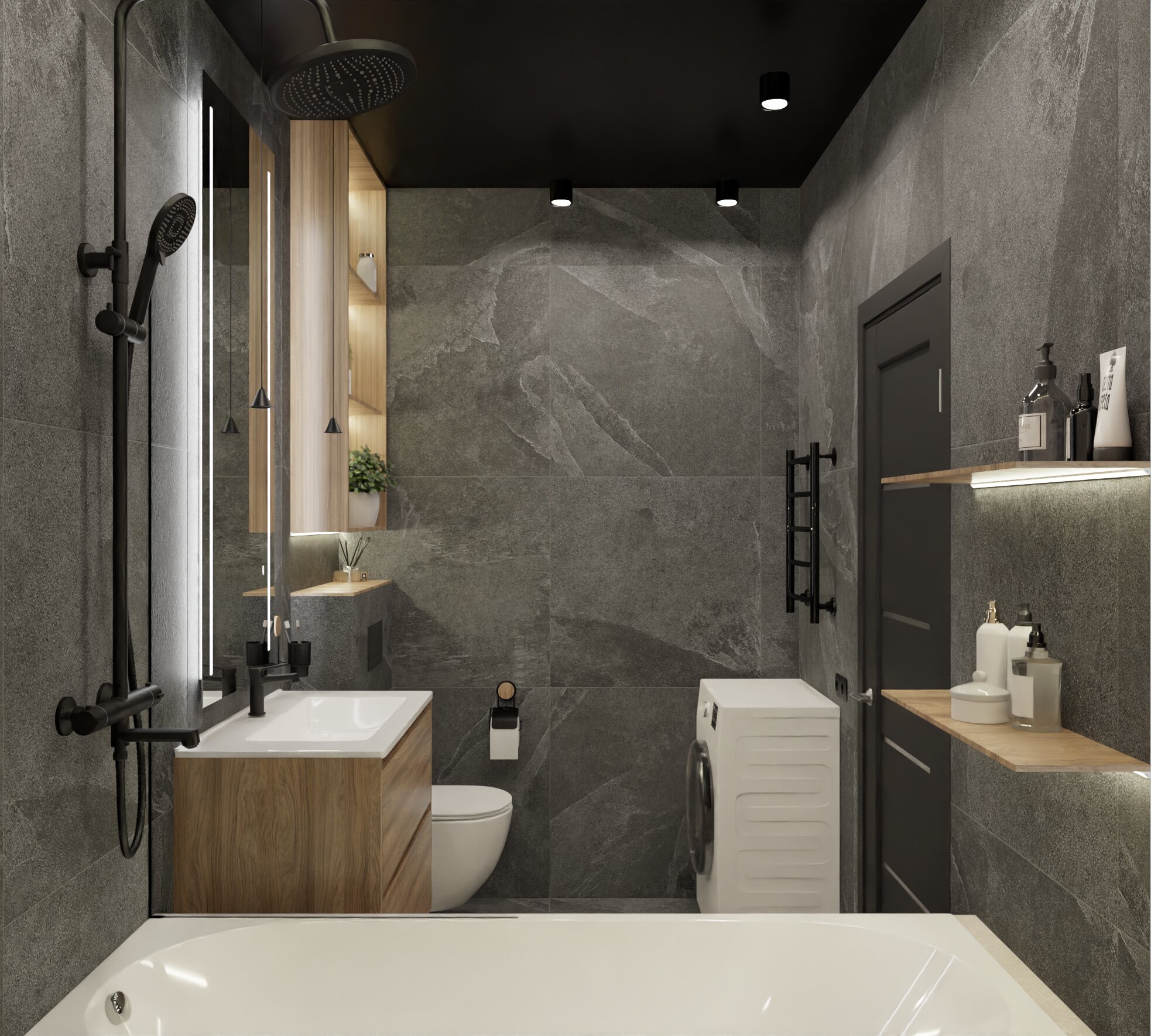 Ванная в цвете камня с элементами дерева 3