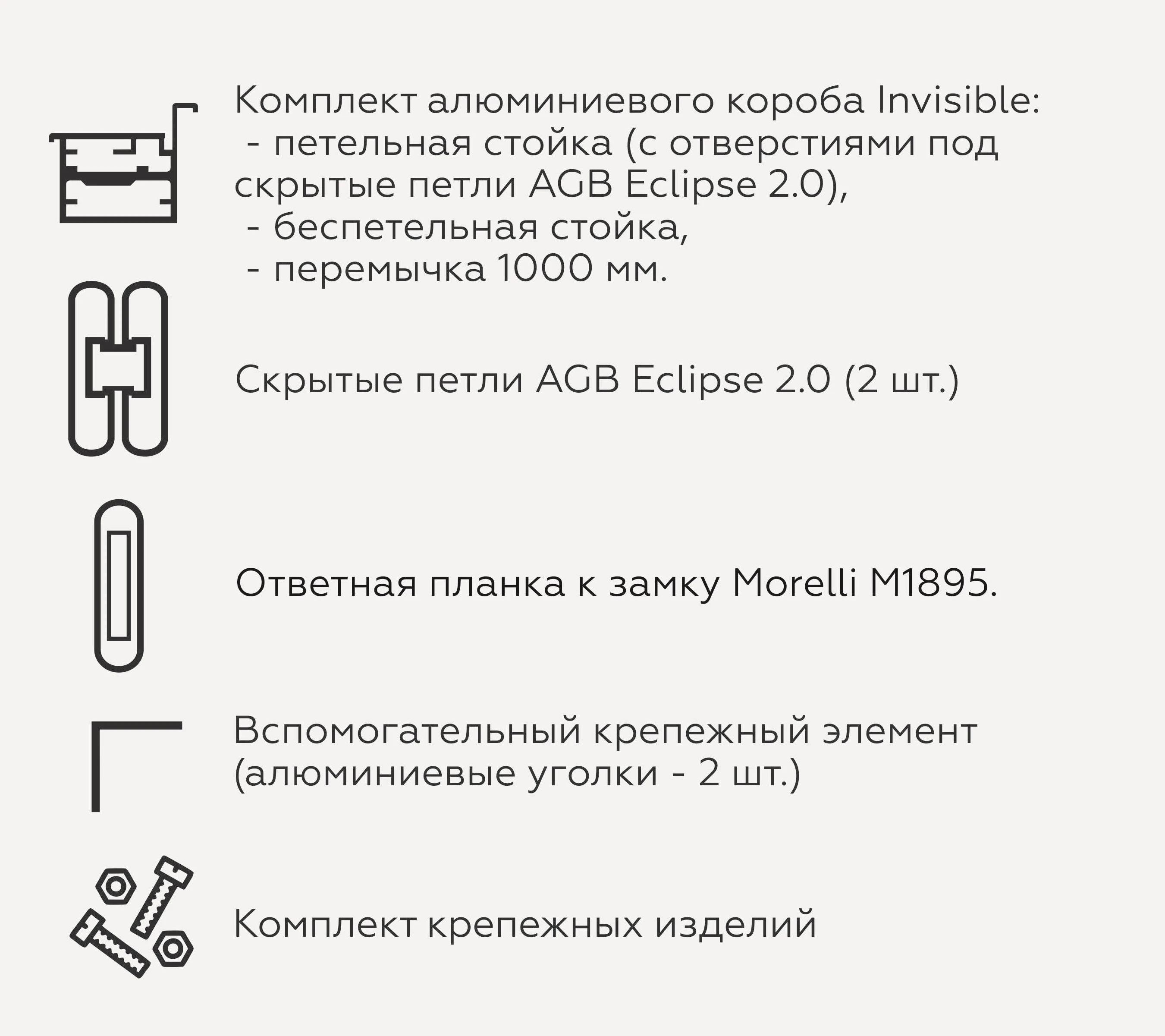 Состав комплекта скрытой двери — профиль, петли, ответная планка