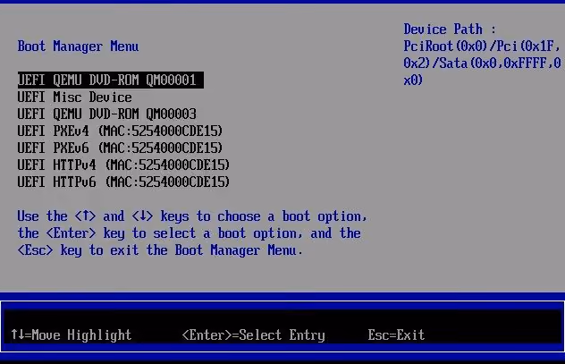 UEFI Boot Manager Menu – список устройств загрузки