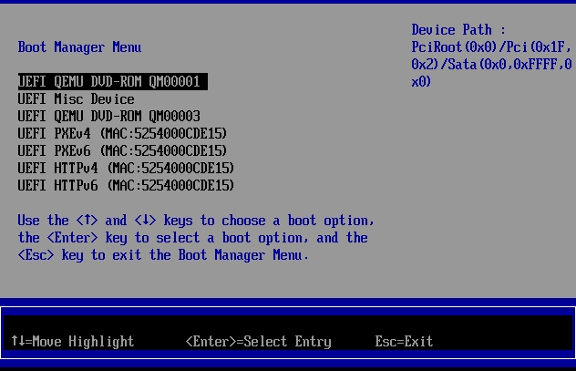 UEFI Boot Manager Menu – список устройств загрузки