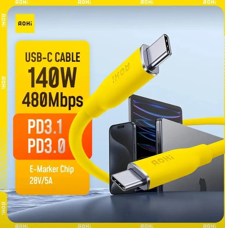 Кабель AOHI 140 Вт PD 3.1 USB C — USB C, 1 м