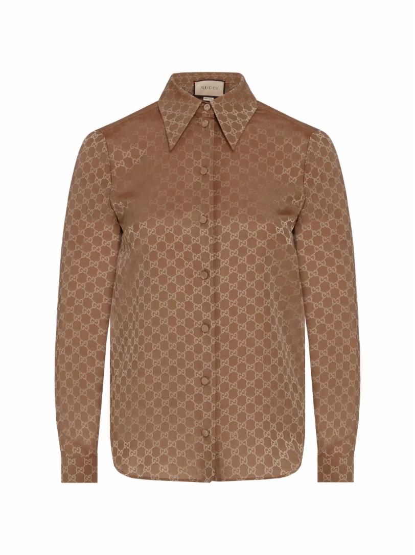 Brown Gucci Silk GG Monogram Silk Button Down Shirt