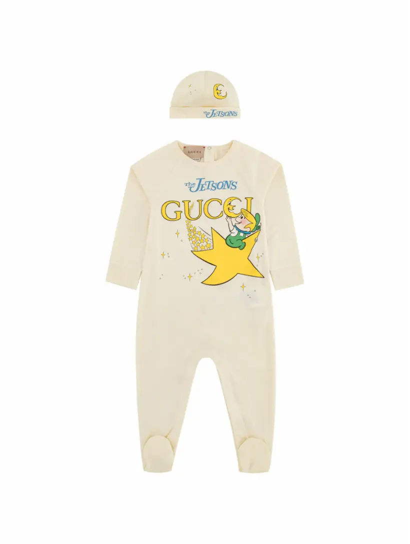 X The Jetsons Baby Bodysuit Bib And Beanie Set in Beige - Gucci Kids