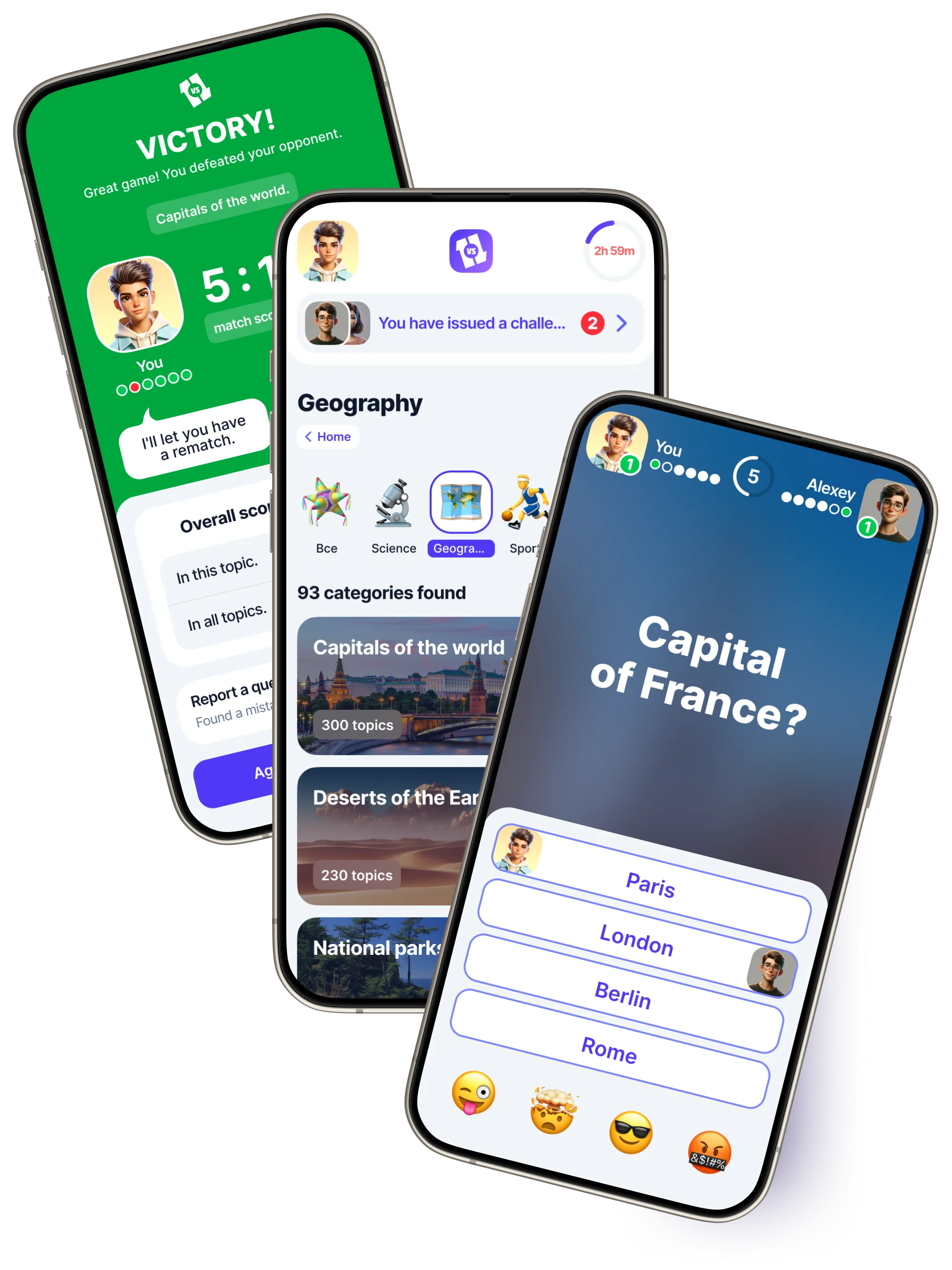 Game screenshots showing trivia gameplay, topic selection, and results
