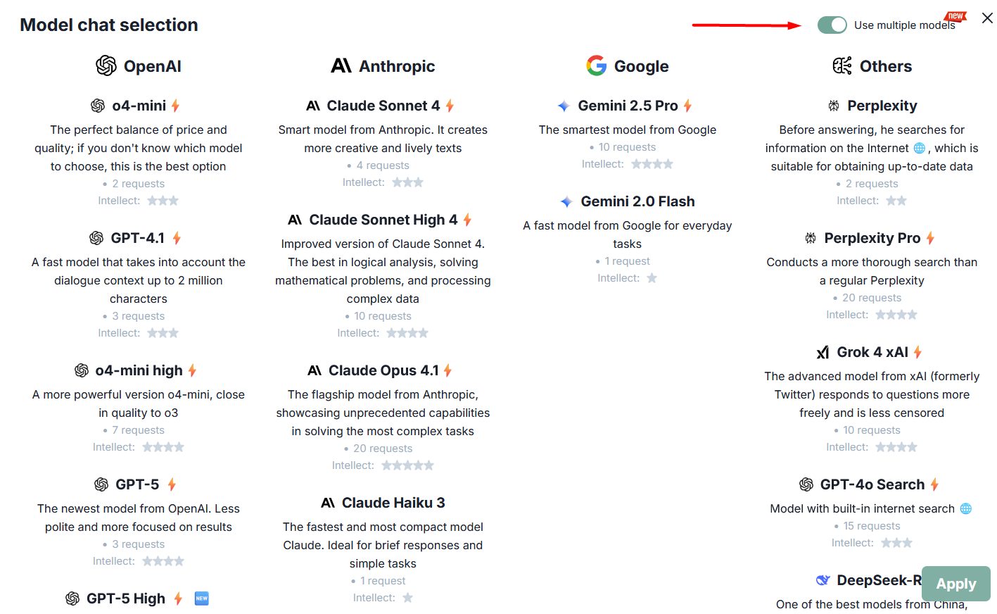 Select models for comparison
