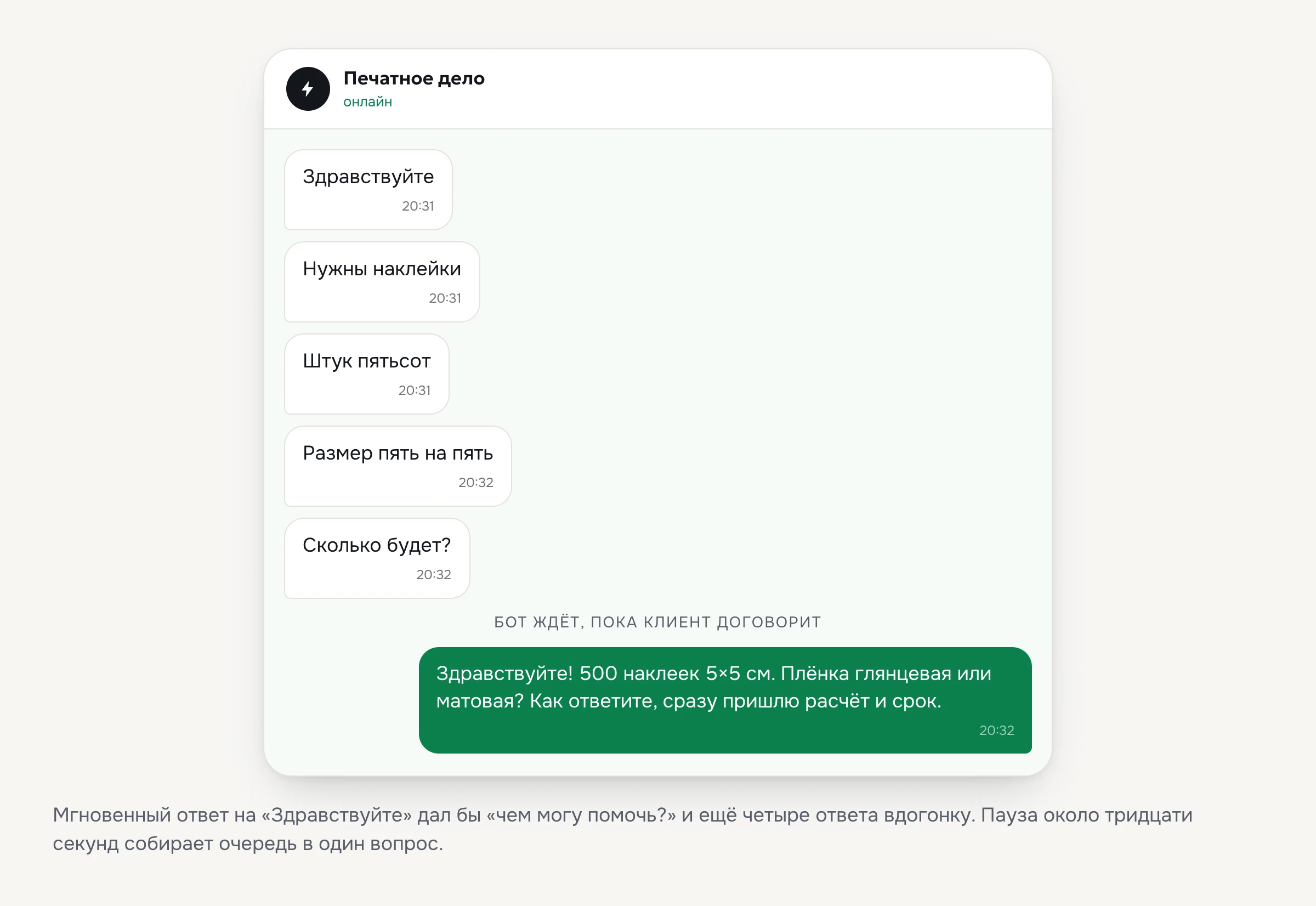 Клиент пишет пять сообщений подряд, ИИ-продавец ждёт около тридцати секунд и отвечает один раз на всё сразу