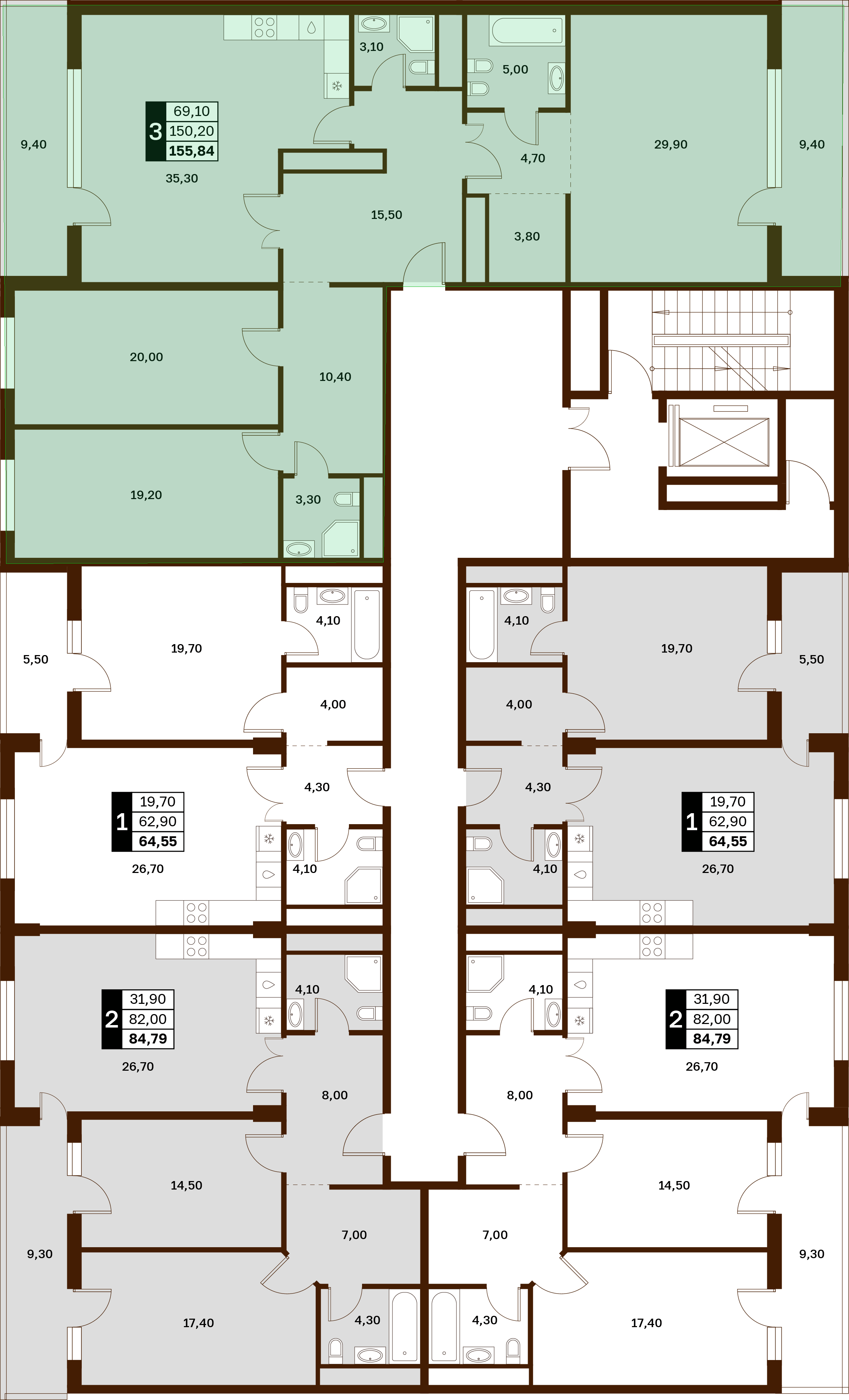 3-комнатная 155,84 м² в ЖК Аксис Патриот