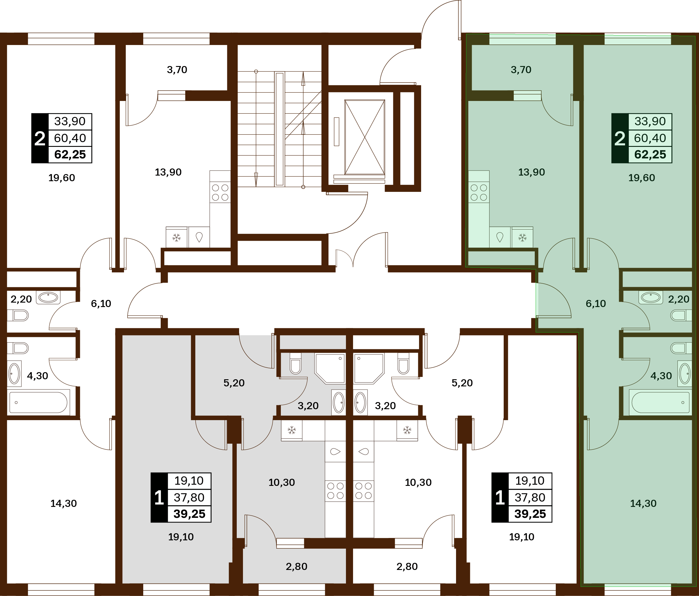 2-комнатная 62,25 м² в ЖК Аксис Патриот