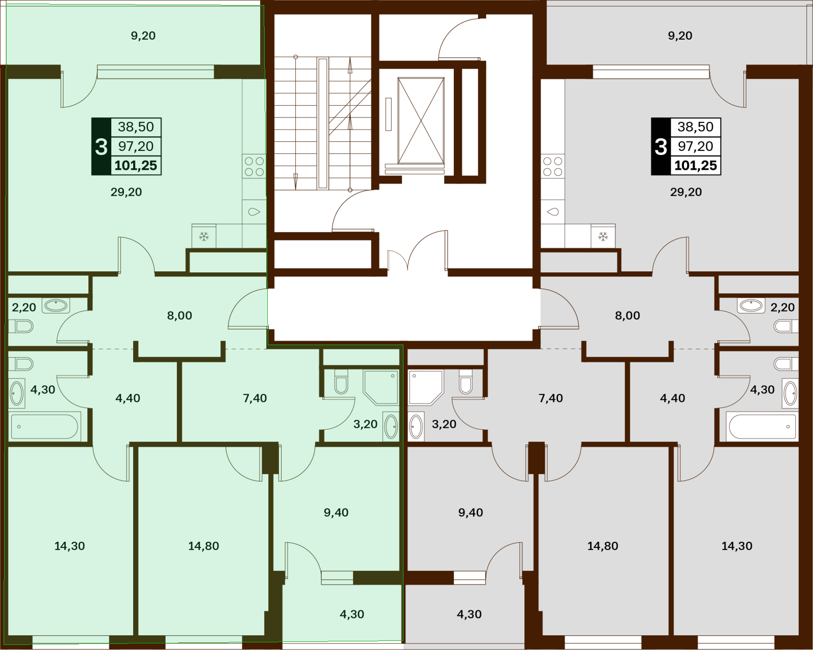 3-комнатная 101,25 м² в ЖК Аксис Патриот