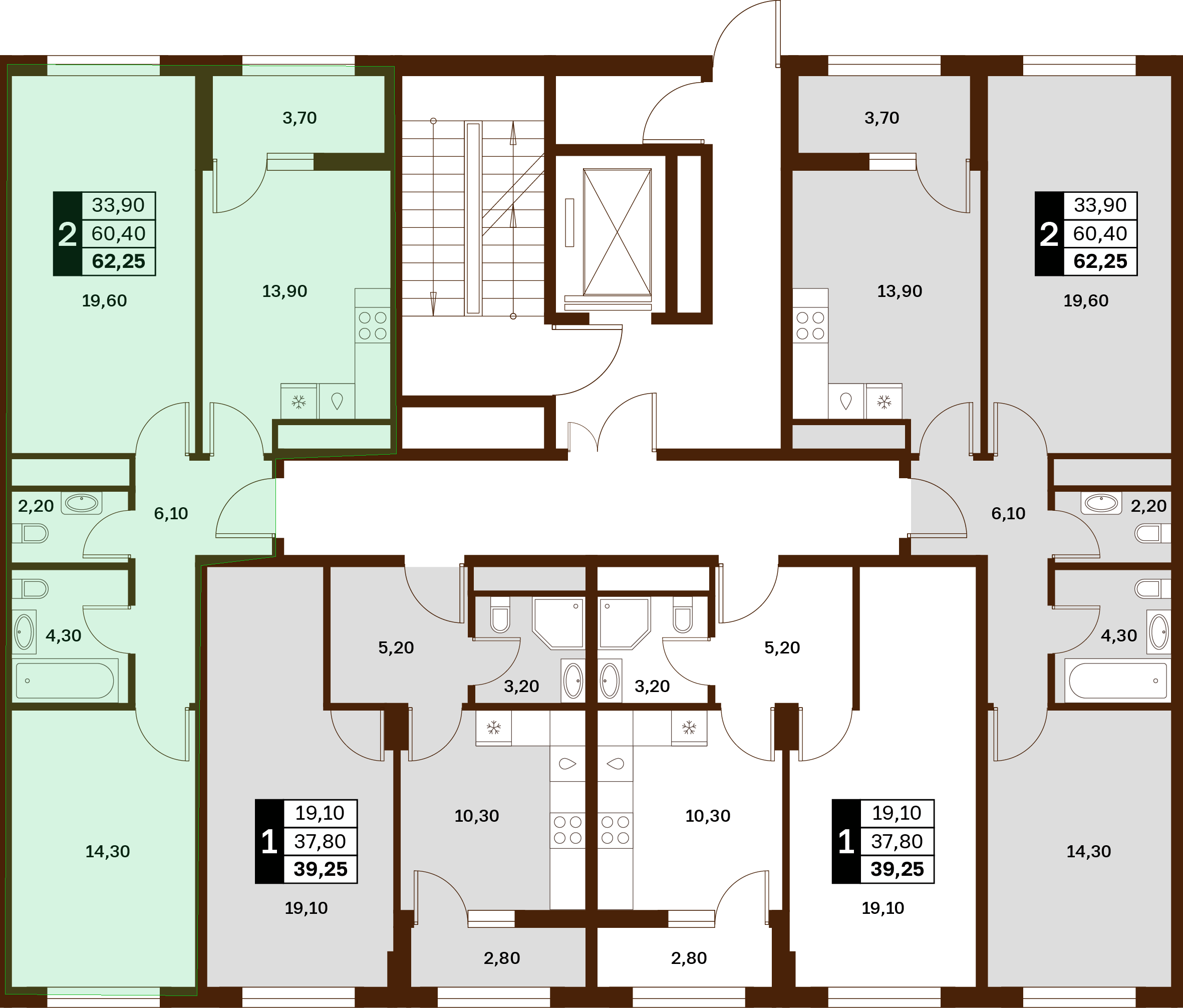 2-комнатная 62,25 м² в ЖК Аксис Патриот
