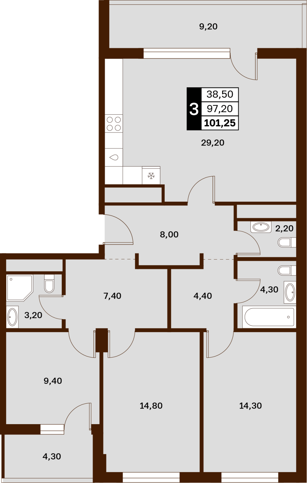 3-комнатная 101,25 м² в ЖК Аксис Патриот