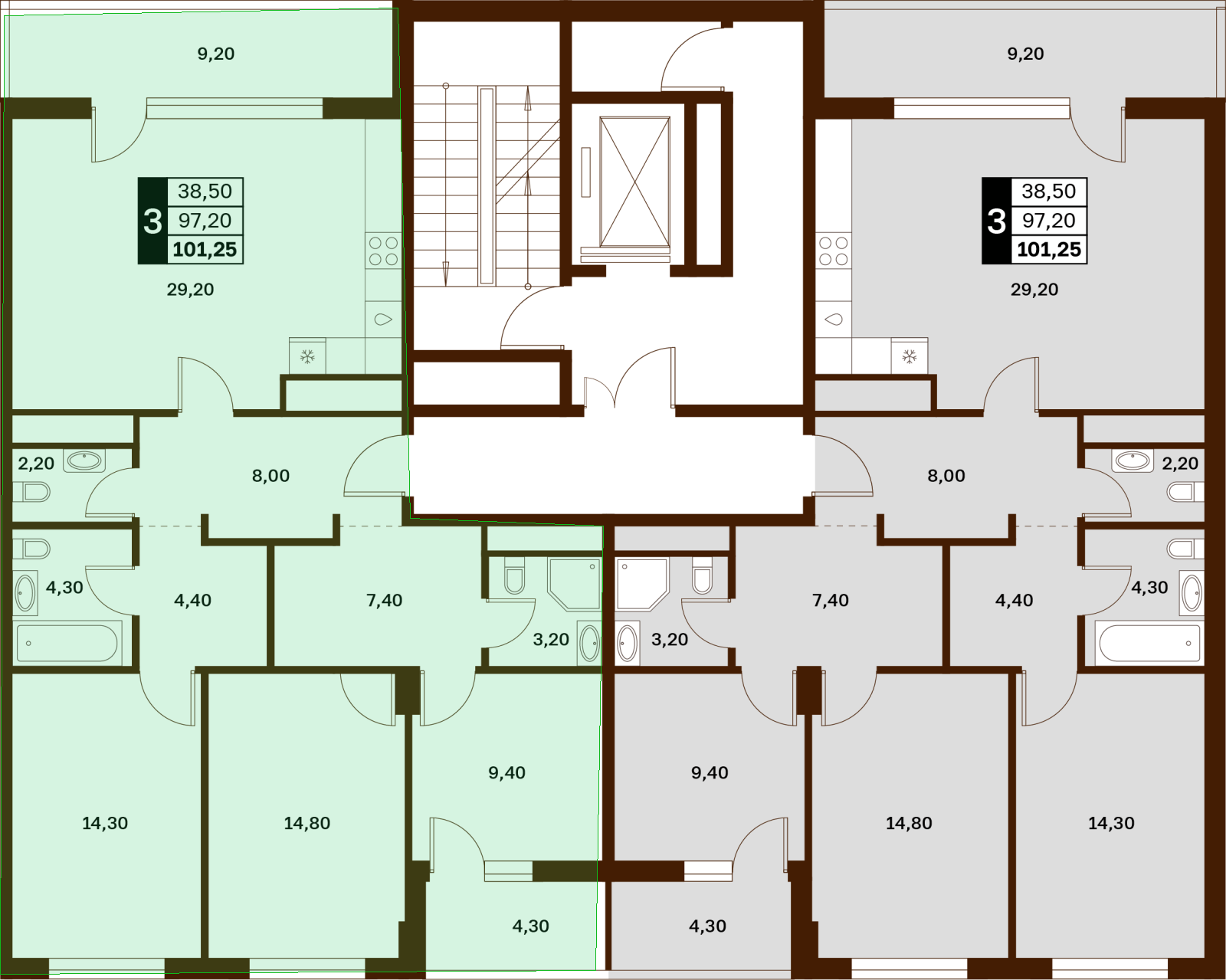 3-комнатная 101,25 м² в ЖК Аксис Патриот