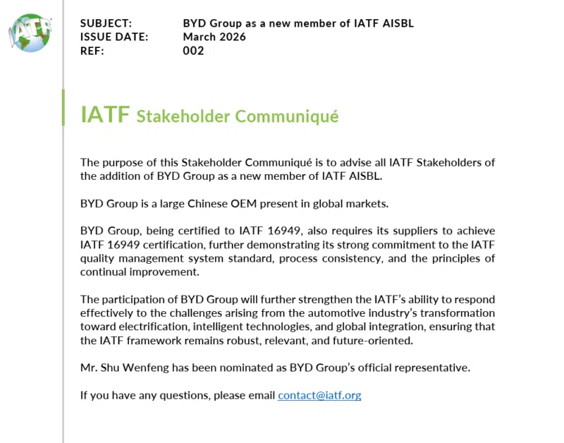 Статус законодателя: BYD присоединяется к элитной организации IATF, чтобы помочь сформировать международные правила электромобилей