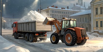 Погрузка снега трактором в машину