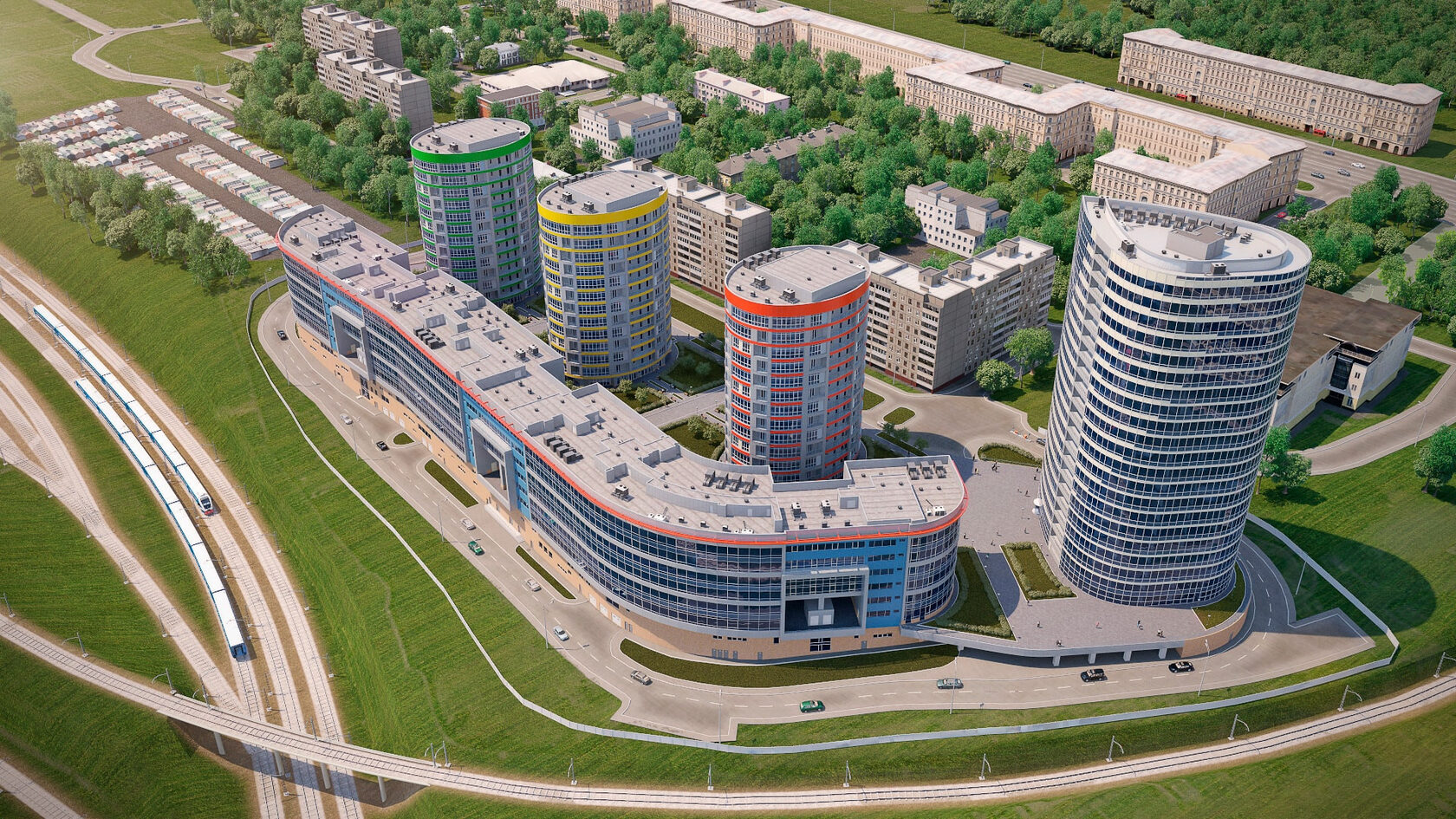 Аэрофото квартала Poklonka Place: башня А и три овальные башни на стилобате