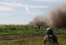 Ukrainian servicemen of the 10th Mountain Assault Brigade "Edelweiss" fire a rocket from a BM-21 'Grad' multiple rocket launcher towards Russian positions, near Bakhmut in the Donetsk region on June 13, 2023, amid the Russian invasion of Ukraine. (Photo by Anatolii Stepanov / AFP)