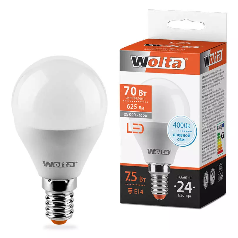 Лампа светодиодная Wolta Е14 230В 7.5Вт 4000К шар нейтральный