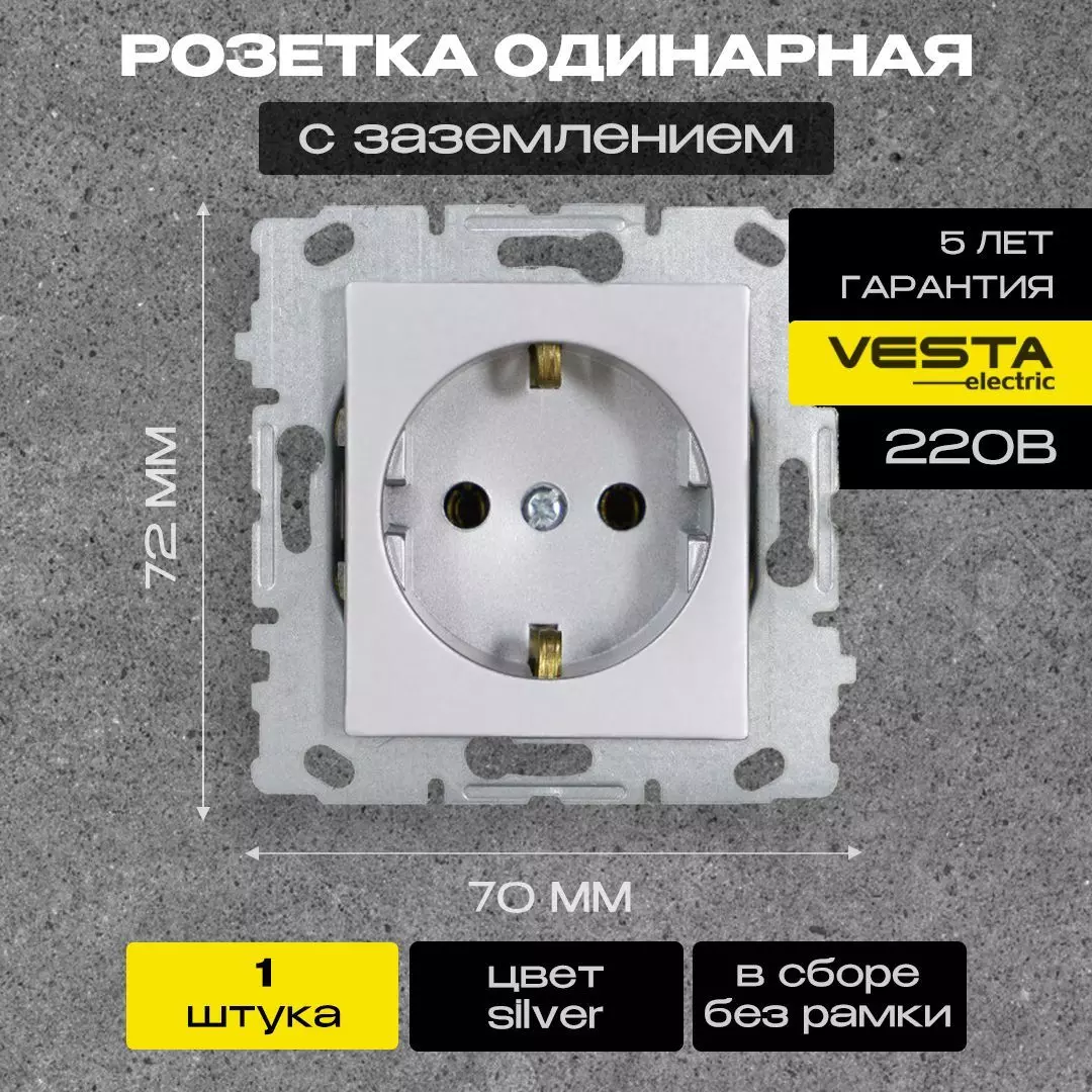 Розетка Vesta-Electric одинарная с заземлением без рамки цвет серебристый металлик