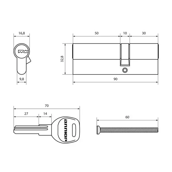Цилиндровый механизм 90 мм (35x55) АЛЛЮР HD F 90-5К CP хром перф.ключ/ключ