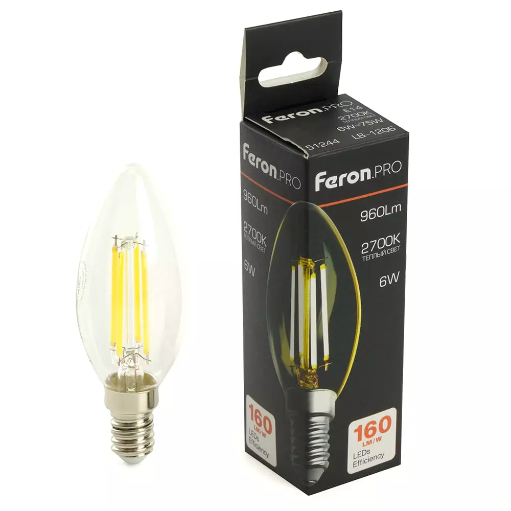 Светодиодная лампа Е14 220В 6Вт 2700К свеча филаментная теплый свет FERON PRO 51244
