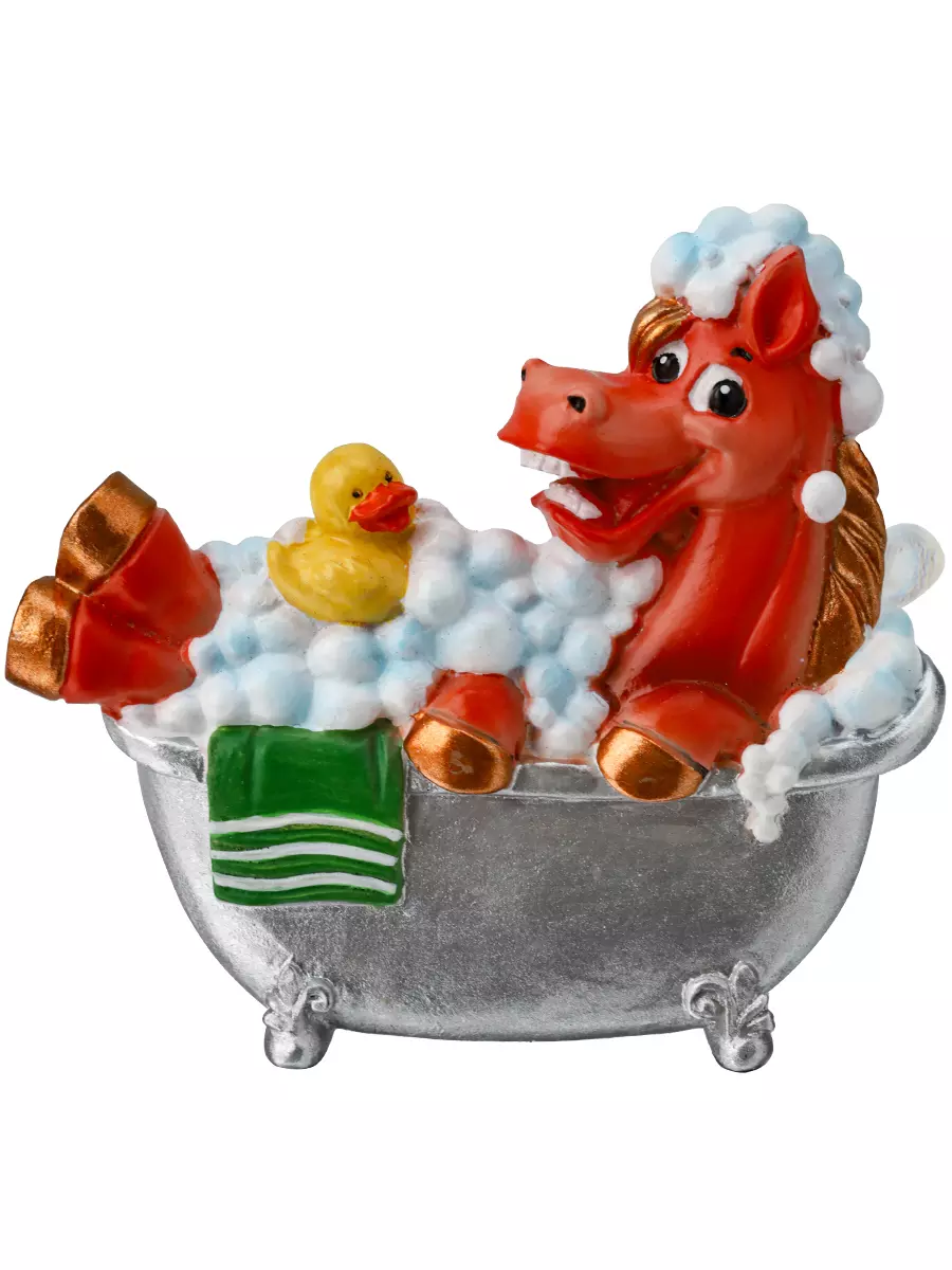 Новогодний магнит из полирезины Красный конь купается 7 см НУ-2547