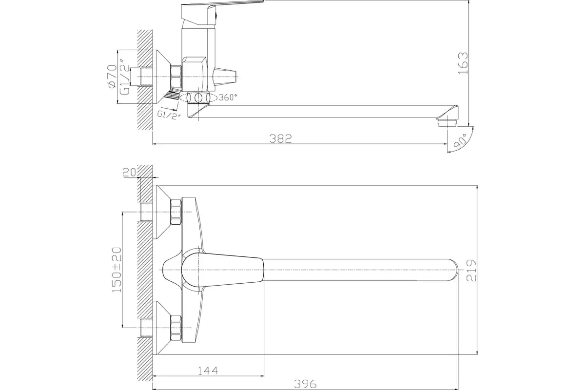 Смеситель для ванны, длинный излив 35 см, хром, ROSSINKA S35-33 моно, латунь