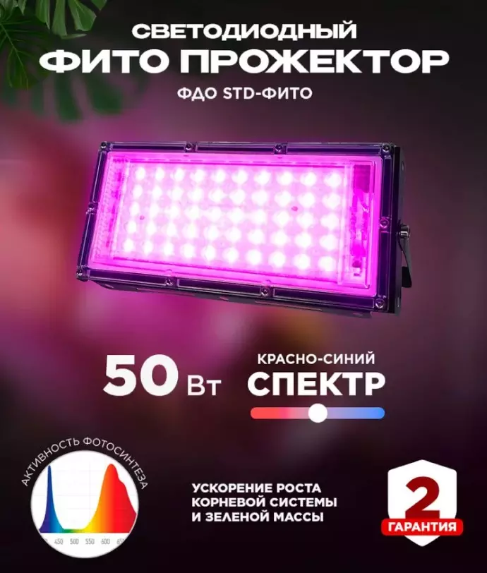 Прожектор для растений 50Вт красно-синий спектр IP65 IN HOME 4690612065045