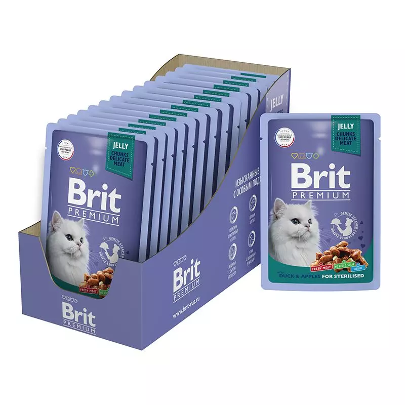 Влажный корм для стерилизованных кошек утка с яблоками желе, 85 г Brit Premium