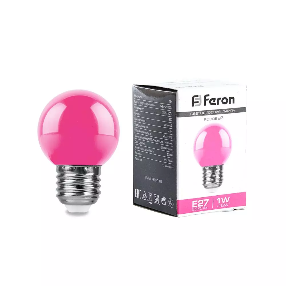Лампа светодиодная Feron 38123 230V E27 розовый G45 LB-37