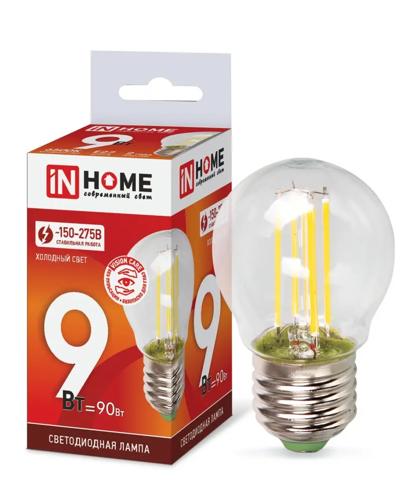 Лампа светодиодная IN HOME LED-ШАР-deco Е27 230В 9Вт 6500К 1040Лм прозрачная
