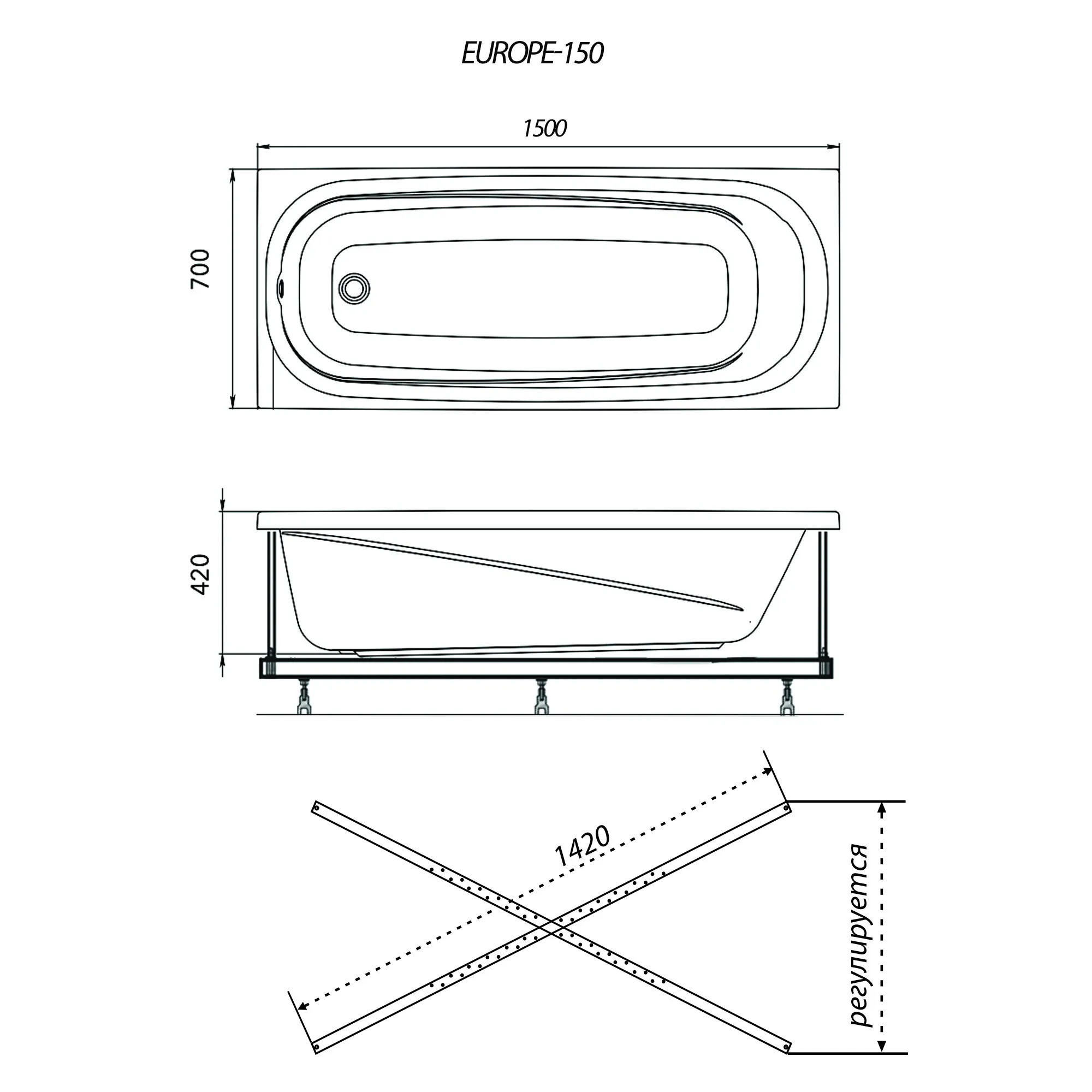 Акриловая ванна 150х70 см 1ACReal Европа Щ0000040926 без каркаса