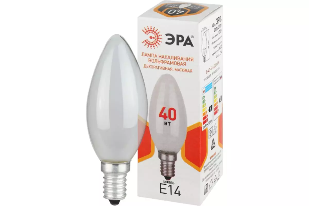 Лампа накаливания Е14 220В 40Вт свеча матовая ЭРА Б0066378