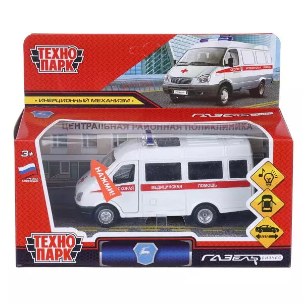 Модель машины металл ГАЗ-3221 "газель" СКОРАЯ,12,2 см, свет-звук, двери,инерция Технопарк 409989